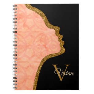 Peach Pink Black And Gold Glitter Face Notebook