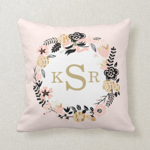 Peach Pink Black Gold Floral Wreath Monogrammed Cushion