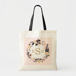 Peach Pink Black Gold Floral Wreath Monogrammed Tote Bag
