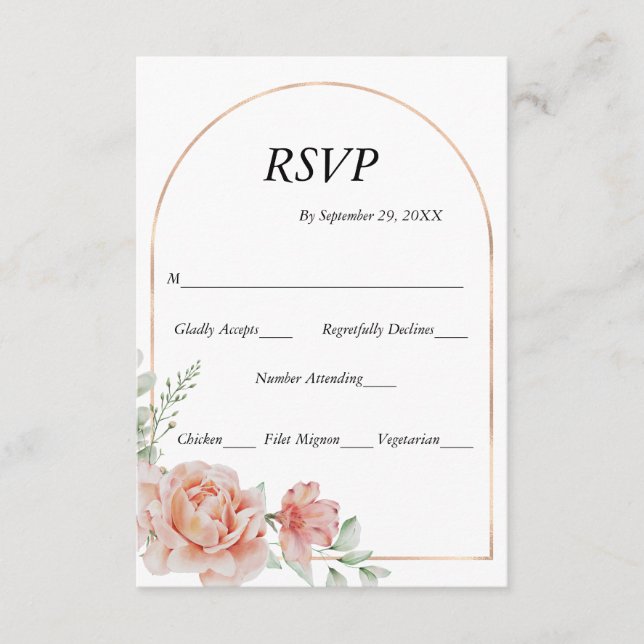 Peach Pink Blush Arch Border Wedding RSVP Card (Front)