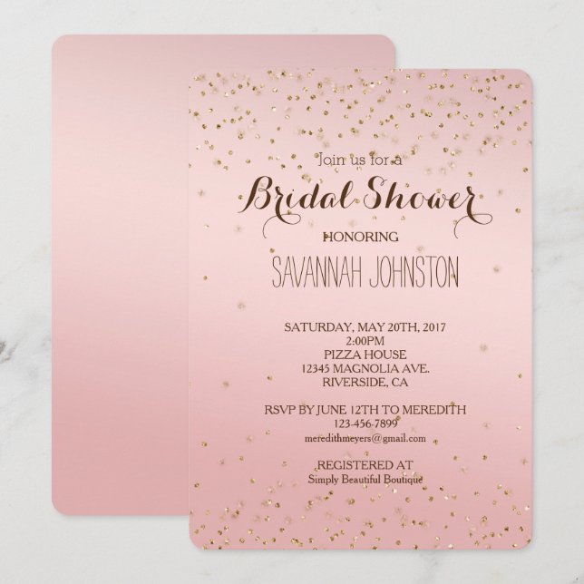 Peach Pink Blush Gold Glitz Confetti bridal   Invitation (Front/Back)