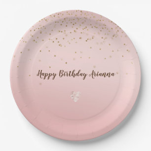 Peach Pink Blush Gold Glitz Confetti Sparkle Heart Paper Plate
