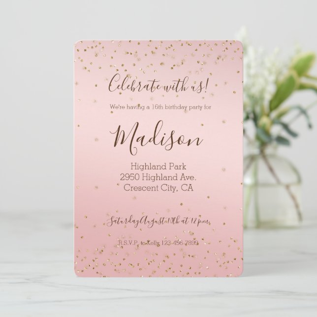 Peach Pink Blush Gold Glitz Confetti Sparkle Invitation (Standing Front)