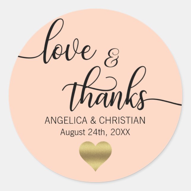 PEACH PINK Blush Gold LOVE & THANKS Wedding Classic Round Sticker (Front)