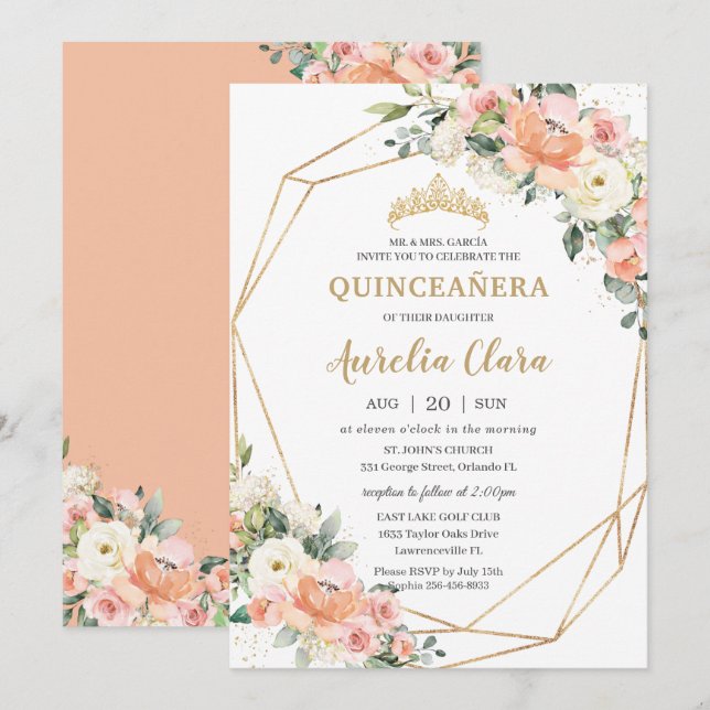 Peach Pink Blush Ivory Floral 15th Quinceañera Invitation (Front/Back)