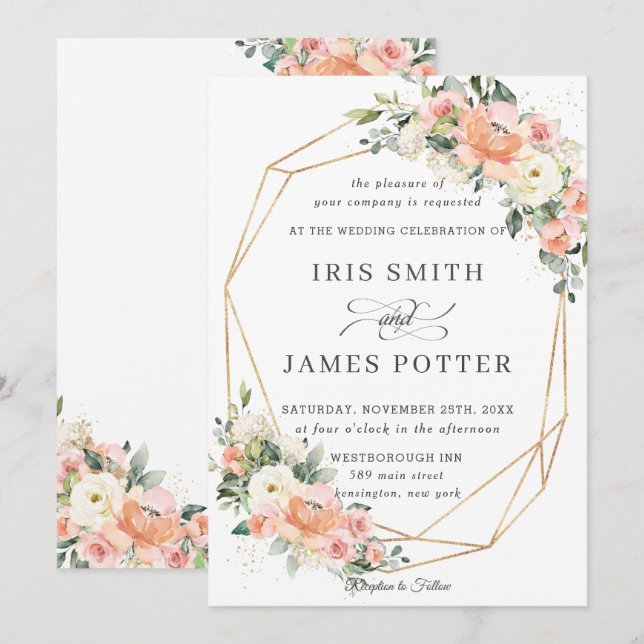 Peach Pink Blush Ivory Floral Wedding Geometric Invitation (Front/Back)