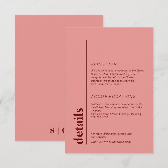 Peach pink bold wedding information  enclosure card (Front/Back)