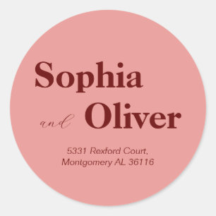 Peach pink, bold wine red letters classic round sticker