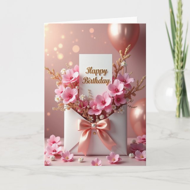 Peach Pink Bow Birthday Card (Front)