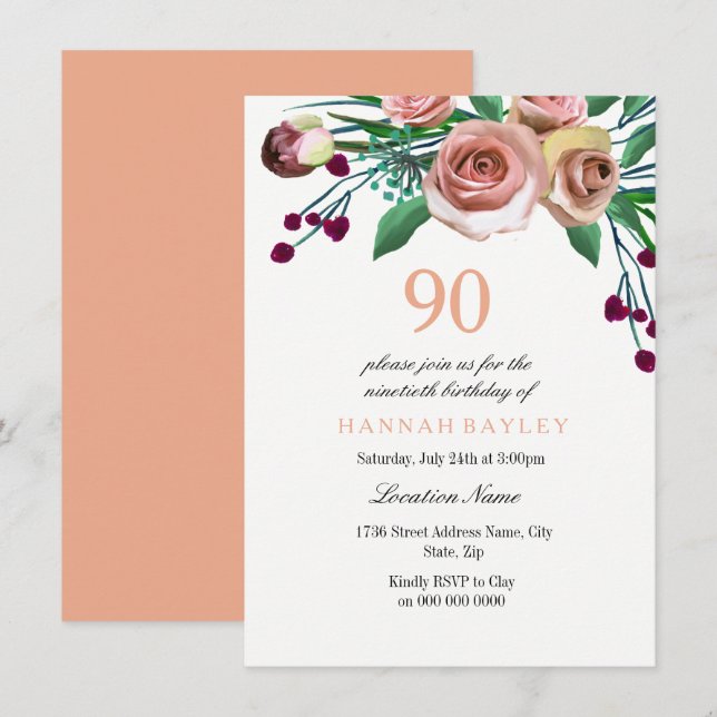 Peach Pink Burgundy Rose 90th Birthday Invitation (Front/Back)