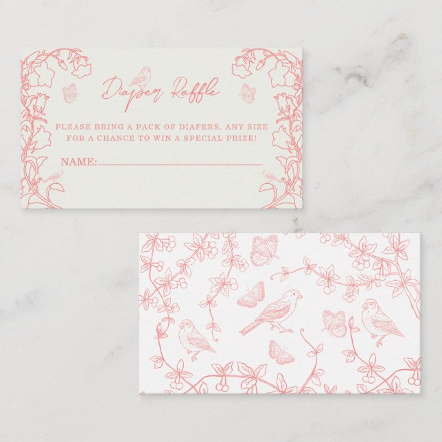 Peach Pink Chinoiserie Diaper Raffle Ticket  Enclosure Card (Front/Back)