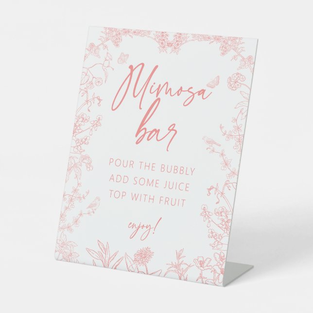 Peach Pink Chinoiserie Mimosa Bar Bridal Shower Pedestal Sign (Front)