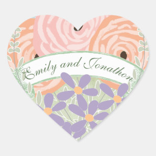 Peach Pink Coral Green Lavender Floral Wedding Heart Sticker
