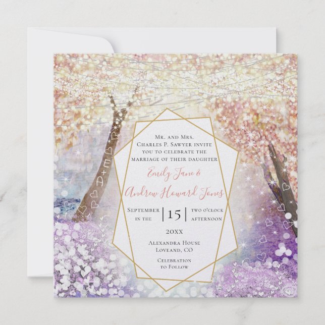 Peach Pink Coral Purple and Blue Fairytale Wedding Invitation (Front)