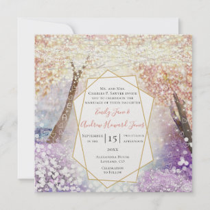 Peach Pink Coral Purple and Blue Fairytale Wedding Invitation