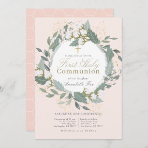 Peach Pink Cotton Wreath First Holy Communion Invitation