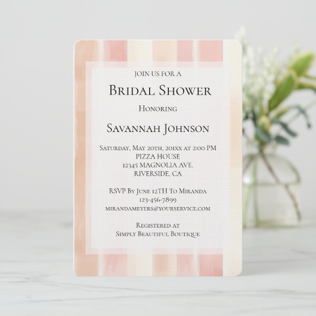 Peach Pink Cream Stripes Bridal Shower Invitation (Standing Front)