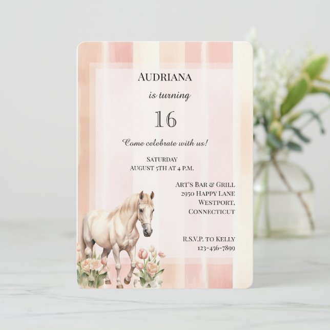 Peach Pink Cream Stripes Floral Horse Birthday Invitation (Standing Front)
