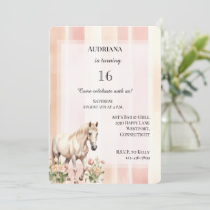 Peach Pink Cream Stripes Floral Horse Birthday Invitation