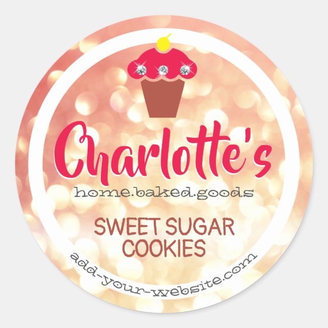 Peach Pink Cute Ombre Glitter Cupcake Baking Label (Front)