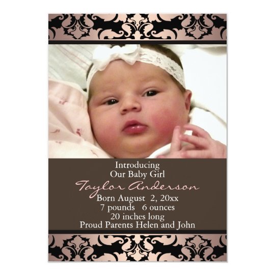Peach Pink Damask Photo Birth Announcement