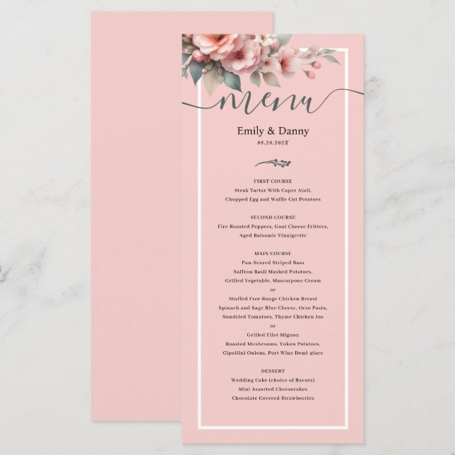 Peach Pink Elegant  Botanical Wedding Menu (Front/Back)