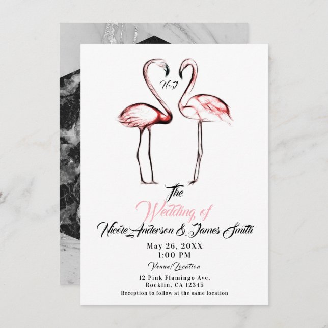 Peach Pink Flamingos Flamingo Black Marble Wedding Invitation (Front/Back)