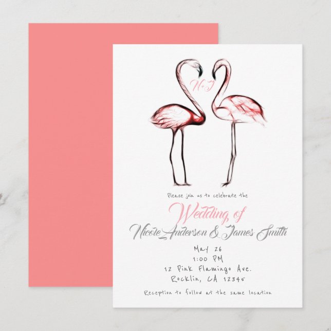 Peach Pink Flamingos Flamingo Elegant Wedding Invitation (Front/Back)