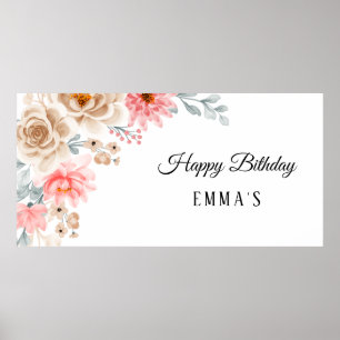 Peach Pink Floral 1st Birthday Banner Poster