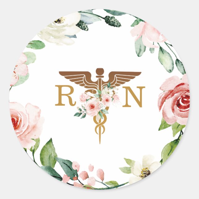 Peach Pink Floral Caduceus Gold RN Graduate  Classic Round Sticker (Front)