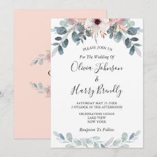 Peach Pink Floral Eucalyptus Greenery Wedding   Invitation