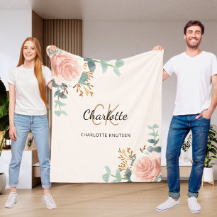 Peach pink floral greenery monogram name fleece blanket