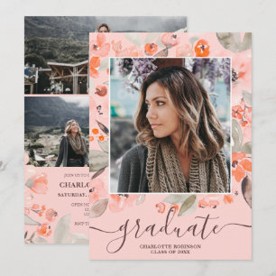 Peach pink floral greenery script photo graduation invitation