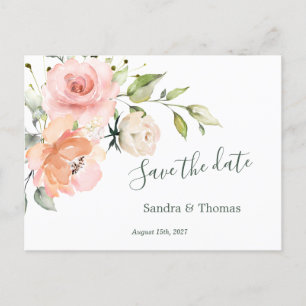 Peach pink floral, Save the date Invitation Postcard