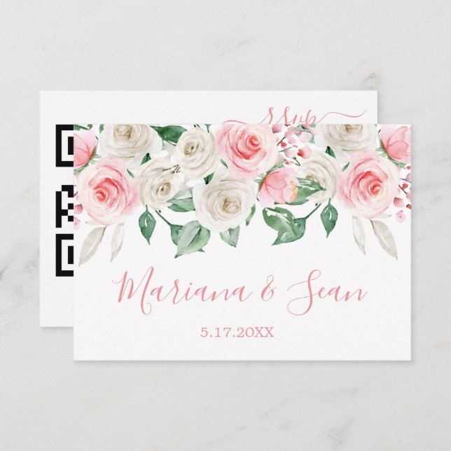 Peach Pink Floral Wedding QR Code RSVP Card (Front/Back)