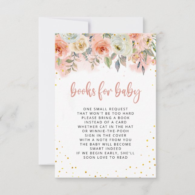 Peach Pink Floral with Gold Glitter Books for Baby Invitation (Front)