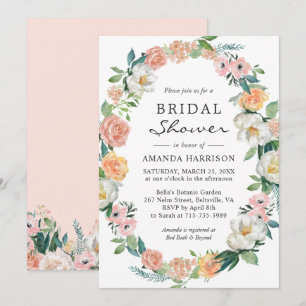 Peach Pink Floral Wreath Bridal Shower Invitation