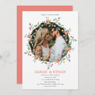 Peach Pink Floral Wreath Custom Photo Wedding Invitation