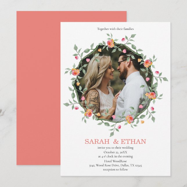 Peach Pink Floral Wreath Custom Photo Wedding Invitation (Front/Back)