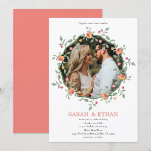 Peach Pink Floral Wreath Custom Photo Wedding Invitation