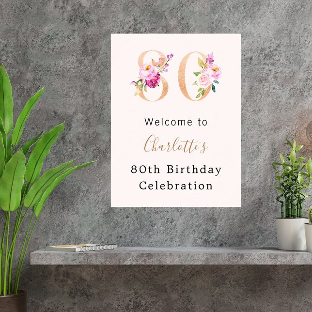 Peach pink florals number 80th birthday welcome poster (Creator Uploaded)