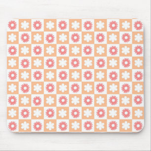 Peach Pink Flower Checkerboard Modern Retro  Mouse Mat