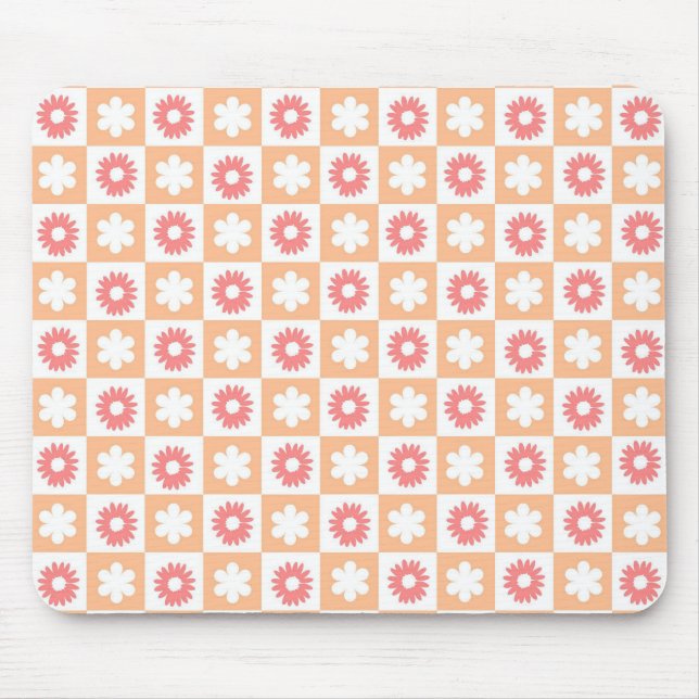 Peach Pink Flower Chequerboard Modern Retro  Mouse Mat (Front)