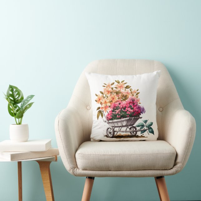 Peach Pink Flowers in White Wheel Barrel Floral  Cushion (Chair)