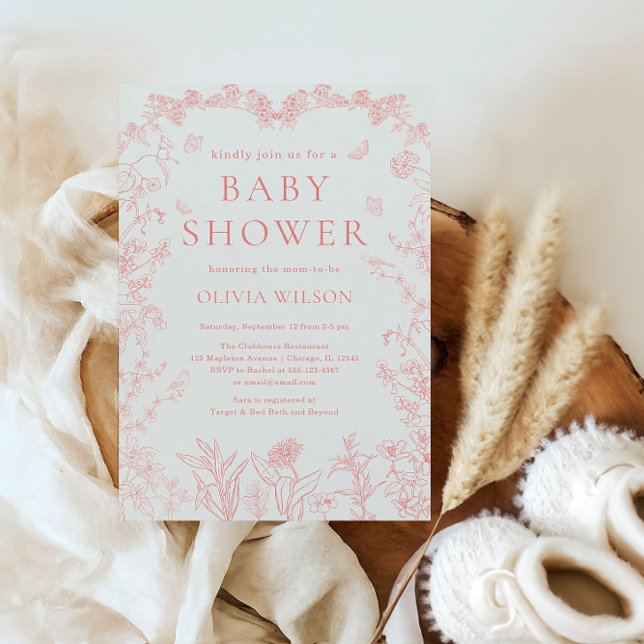 Peach Pink Garden Chinoiserie Baby Shower Invitation (Peach Pink Garden Chinoiserie Baby Shower Invitation)