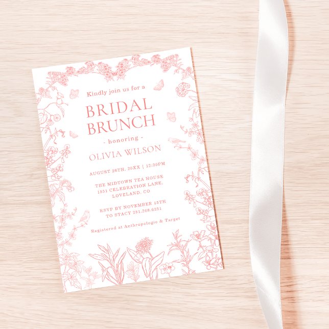 Peach Pink Garden Chinoiserie Bridal Brunch Invitation (Whimsical Peach Pink Garden Chinoiserie Bridal Brunch Invitation)