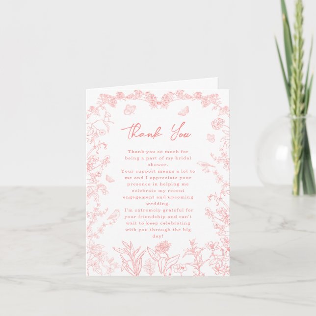 Peach Pink Garden Chinoiserie Bridal Shower  Thank You Card (Front)