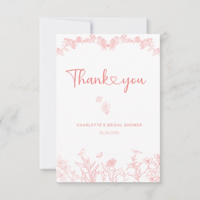 Peach Pink Garden Chinoiserie Bridal Shower Thank You Card (Front)