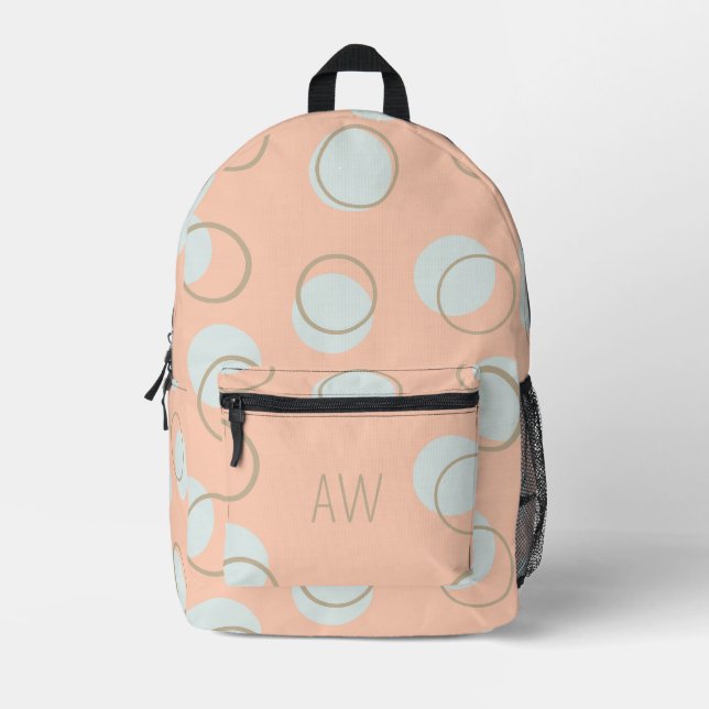 Peach Pink Geometric Circles Monogram Initials Printed Backpack (Front)