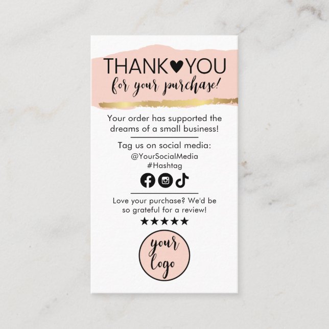 Peach Pink Gold and Black Thank You For Your Order Business Card (Front)